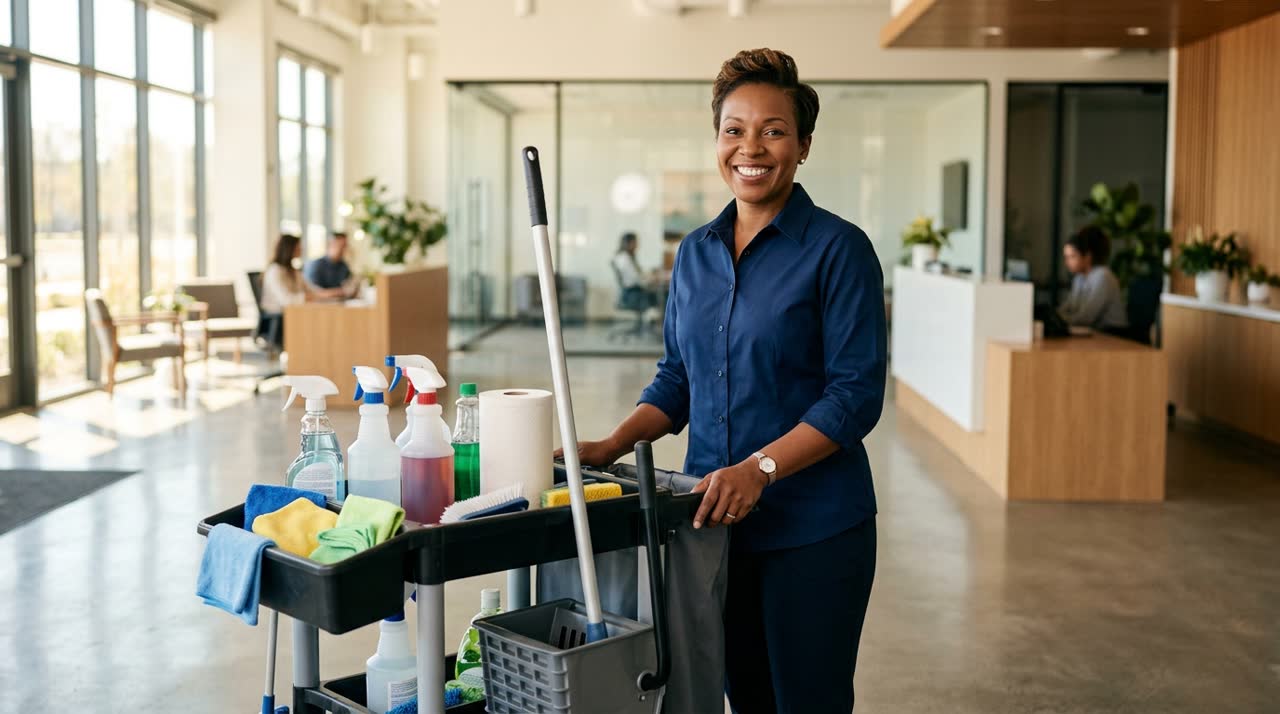 Commercial cleaning business owner with cleaning supplies in an office lobby