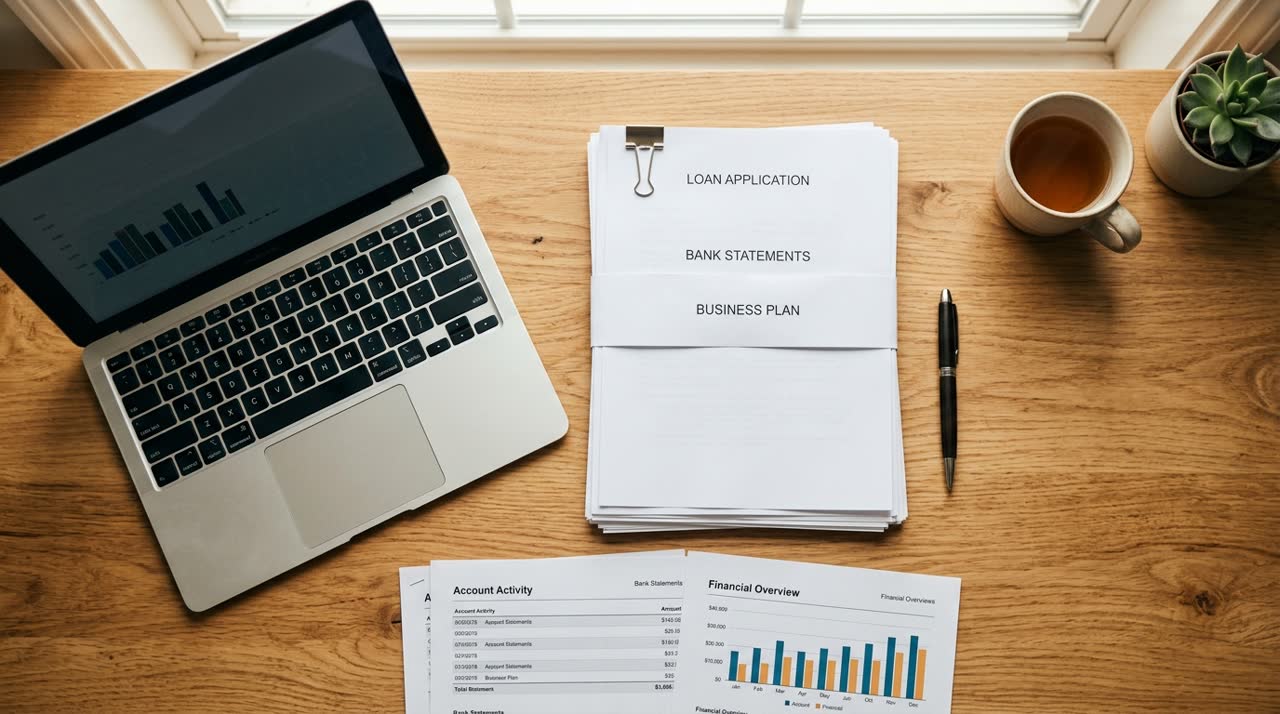 Organized business loan paperwork and bank statements on a desk