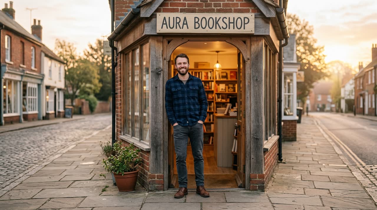 Determined entrepreneur standing at the entrance of his new business at sunrise