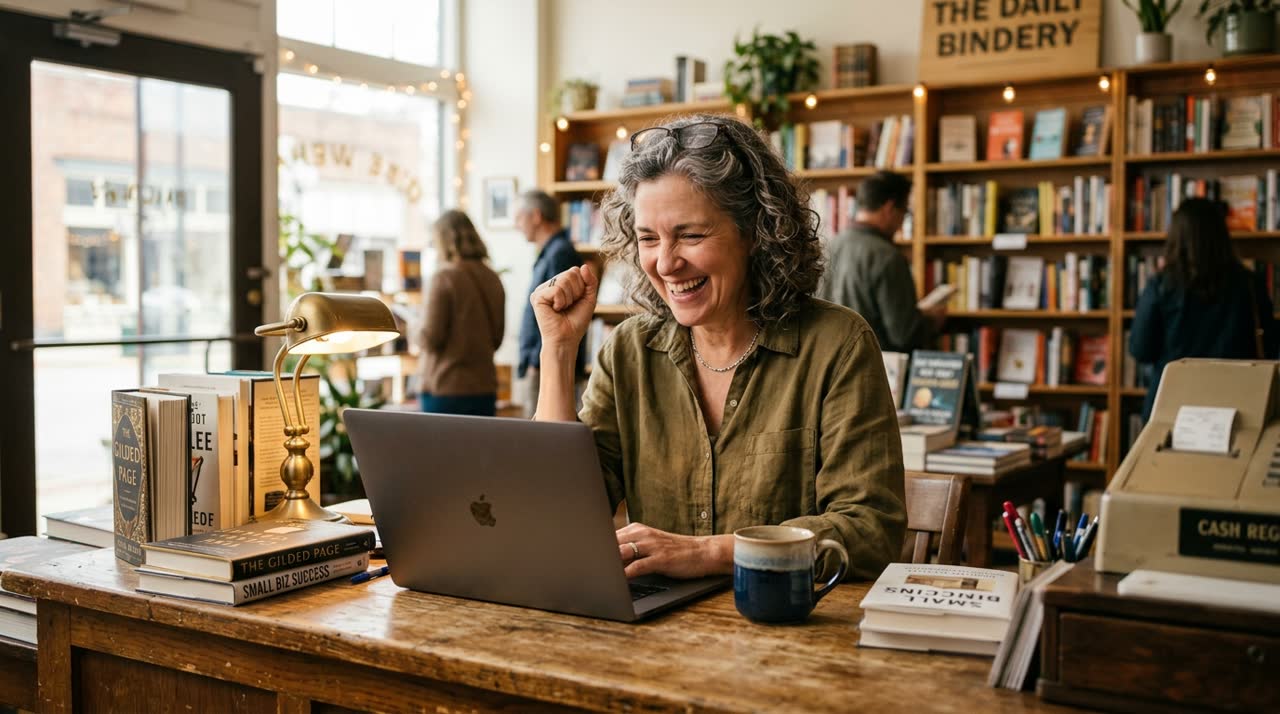 Small business owner celebrating good funding news on a laptop