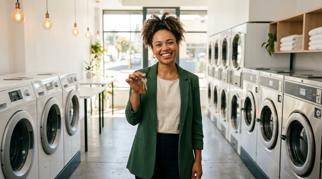 Entrepreneur holding keys inside a new laundromat