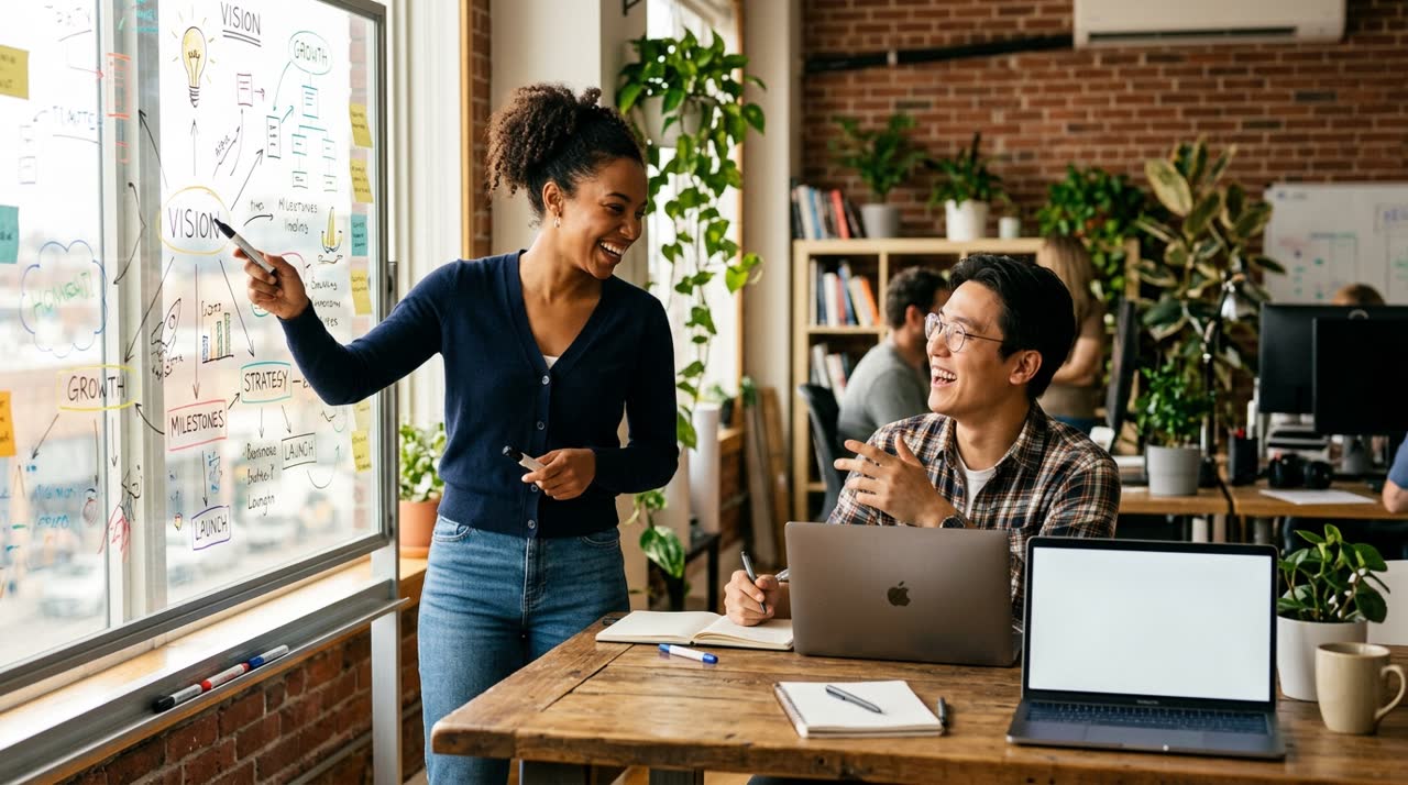 Two startup founders working together in a small office