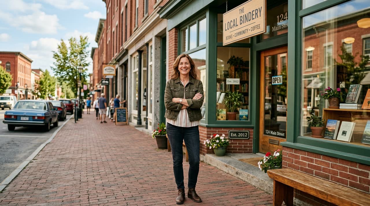 Small business owner in front of their local main street storefront