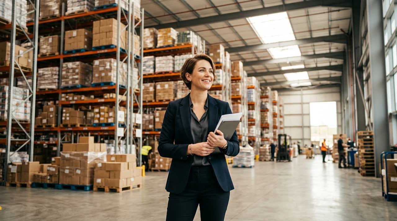 Ambitious business owner in a large modern warehouse facility