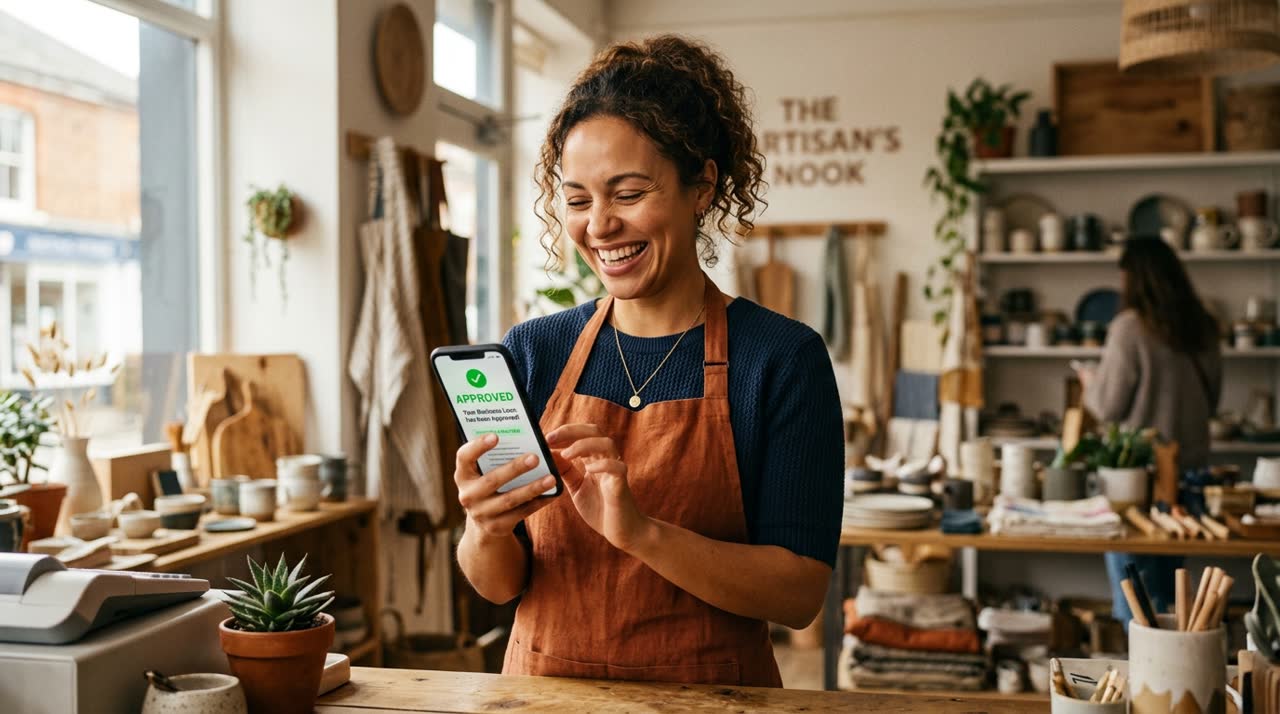 Relieved business owner seeing an approval on their phone
