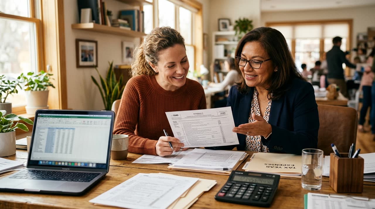 Business owner and accountant reviewing tax documents