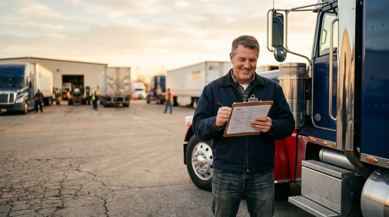 Trucking company owner reviewing paperwork beside his truck